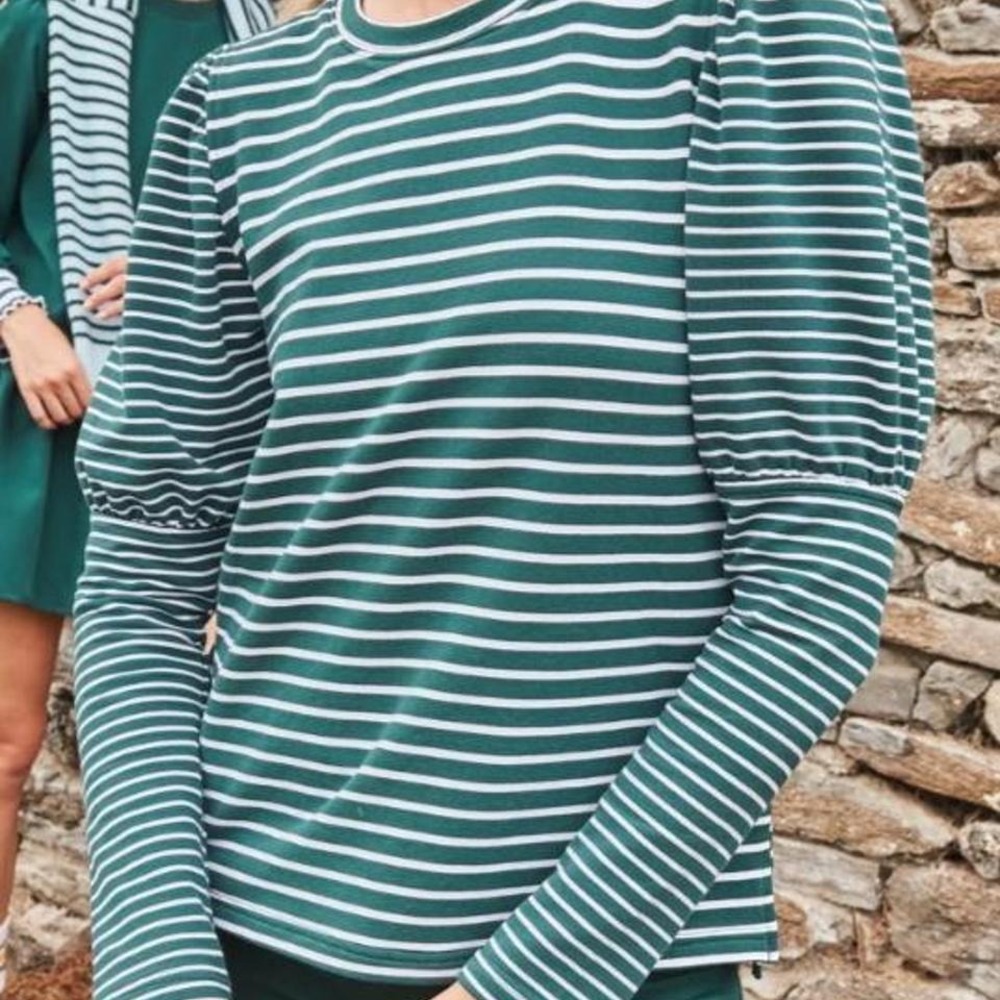 Addison‎ Bay Luxe Terry Webster Top Green and white striped pattern
